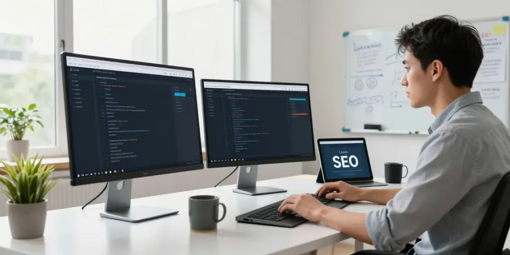 Developer optimizing instant indexing strategies in a modern office