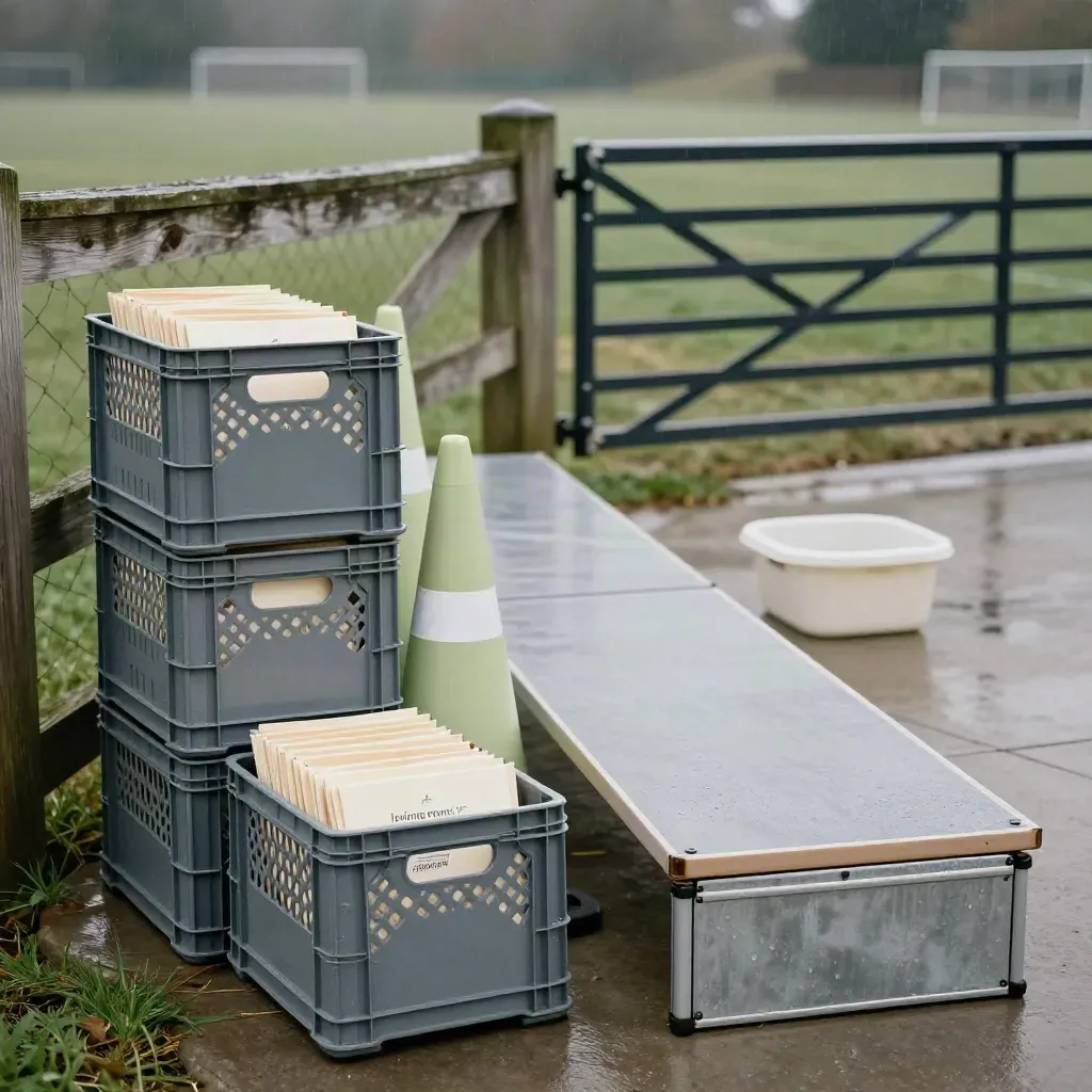School check-in crates, cones and participant packs beside a wet playing field.