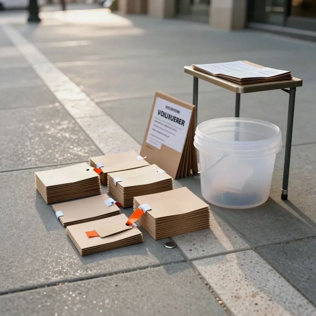 Charity race bib packets, wristbands and donation bucket on a trestle at a concrete concourse.