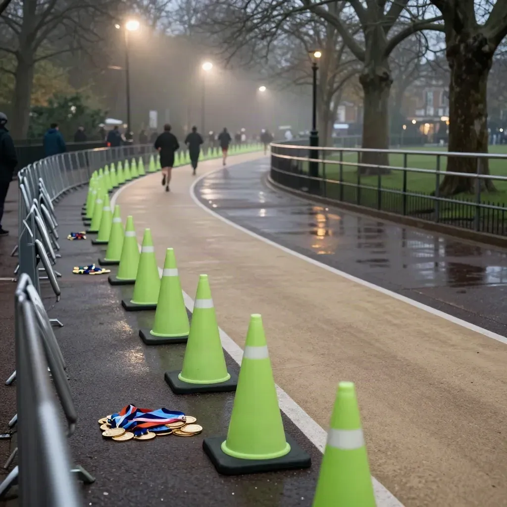 Wet park start corridor with cones, medals and barriers glowing after a night run.