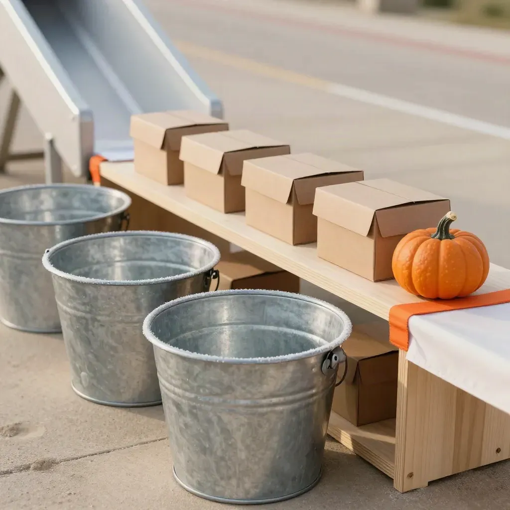 Medal boxes and donation buckets lined up at a charity run finish lane under a canopy.