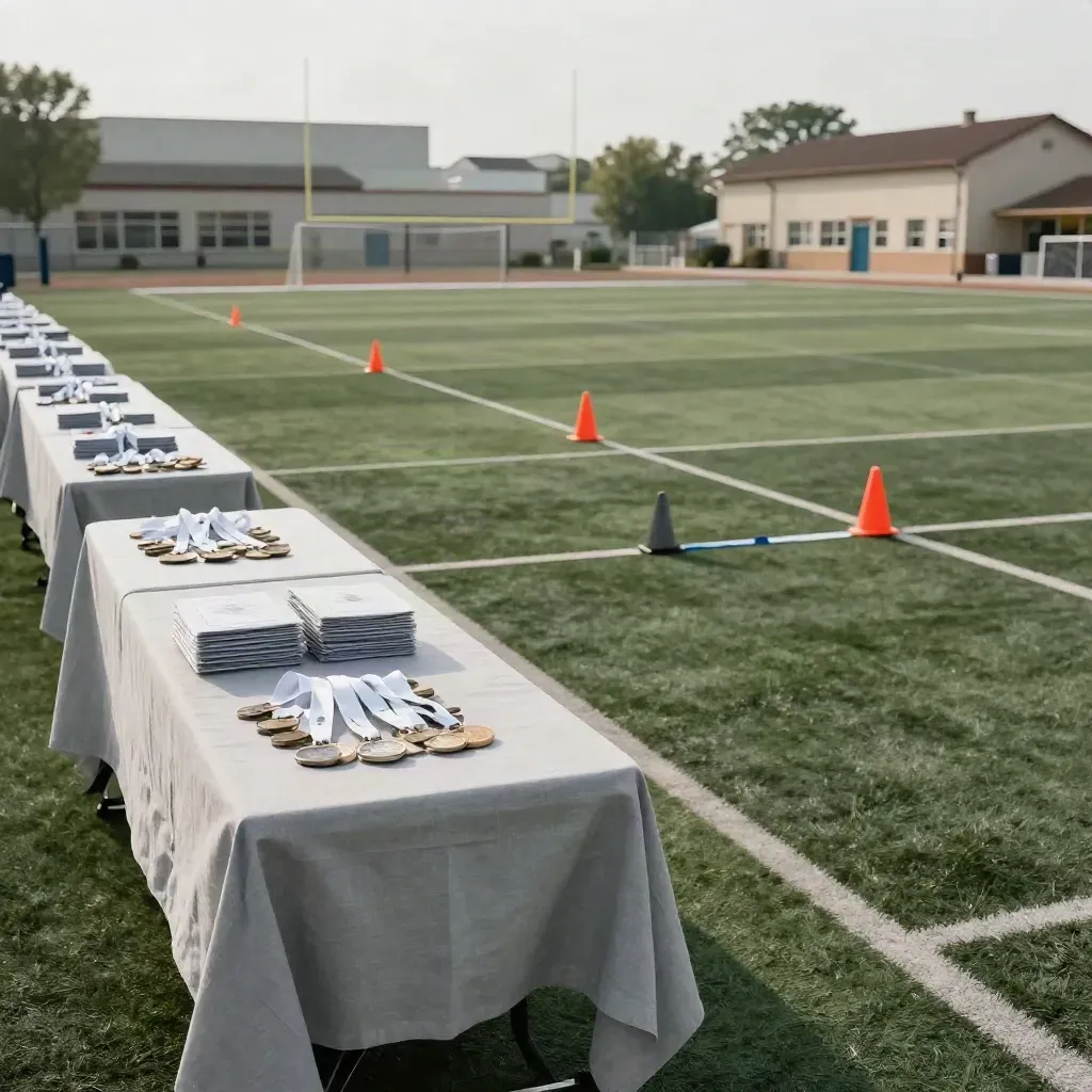 Empty school fundraiser setup on a sports field with pack tables, cones and medal racks.