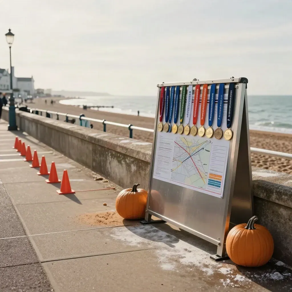 Empty Brighton club race village on a seafront promenade with maps, cones and medals by the sea.