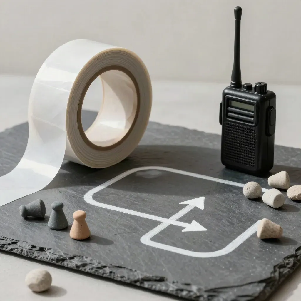 Route-planning kit on slate with barrier tape, arrows, pegs and a radio