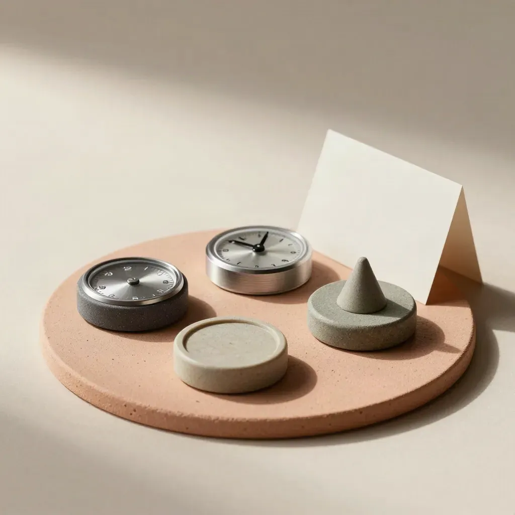 Race tokens, date dial, cone and booking card on pale terracotta plaster, top-down.