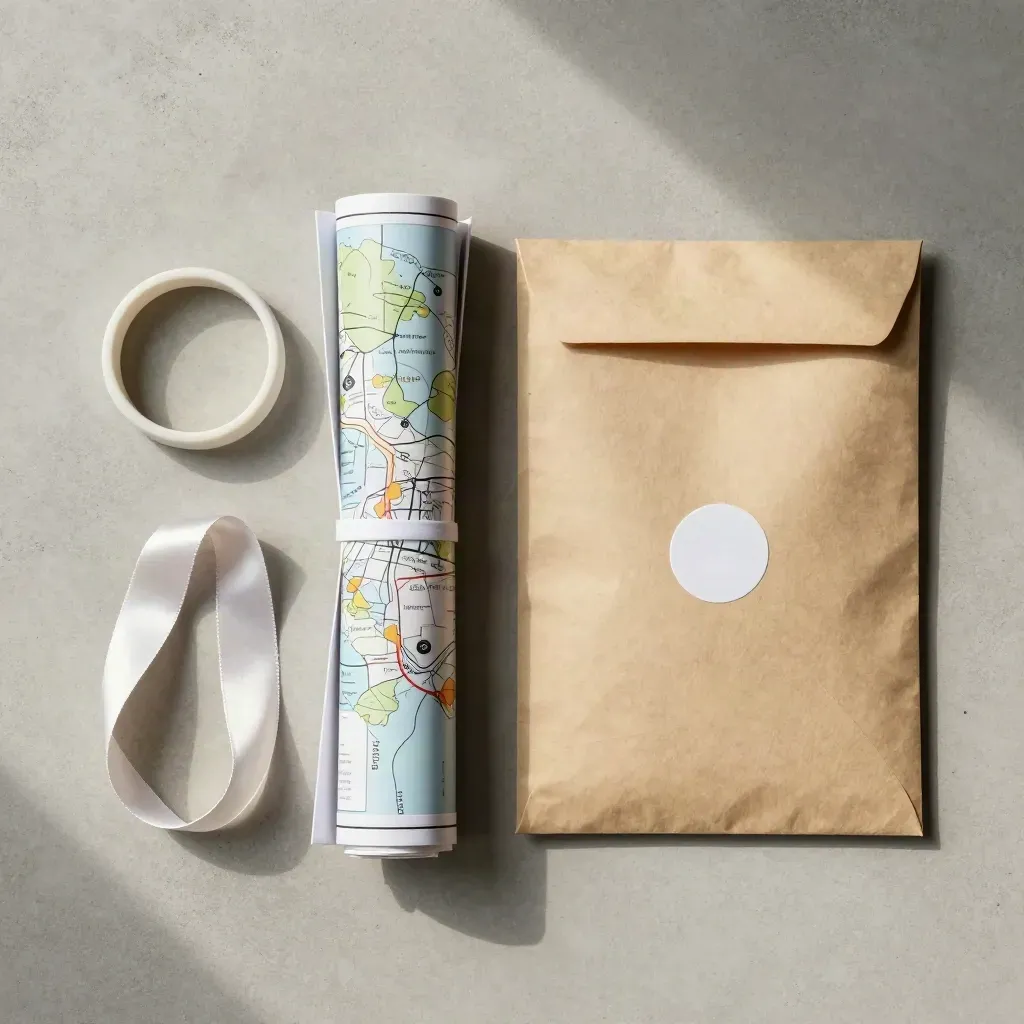 Overhead pack envelope, rolled route map, wristband and medal ribbon on pale concrete.