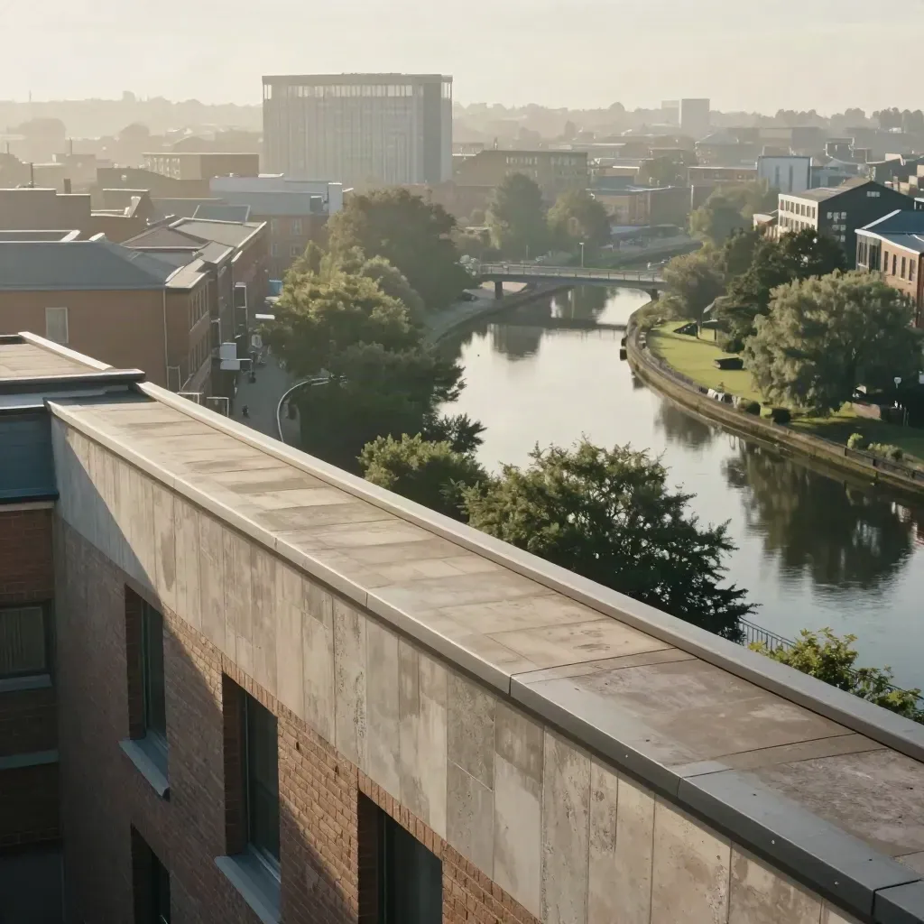 Hazy Birmingham skyline over canals and parkland from a rooftop view